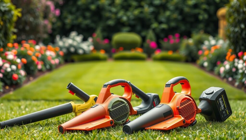 A well-lit close-up showcase of three cordless leaf blowers standing side by side in a lush green garden setting. The blowers are positioned in the foreground, highlighting their sleek modern designs with vibrant colors and clean lines. Behind them, the middle ground features a neatly trimmed lawn and blooming flowers, conveying a sense of serene, manicured tranquility. The background gradually blurs into a soft, out-of-focus foliage backdrop, creating a natural, uncluttered ambiance. The lighting is balanced, with a gentle warm glow accentuating the textures and details of the cordless leaf blowers. The camera angle is slightly elevated, providing an optimized perspective to showcase the products.