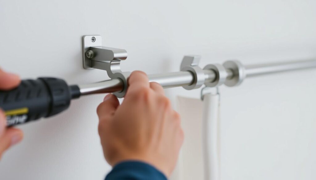 A well-lit, close-up view of a curtain pole bracket installation process. The foreground shows a bracket being securely mounted onto a clean, white wall using a screwdriver and screws. The middle ground presents the curtain pole, ready to be slotted into the installed bracket. The background is subtly blurred, emphasizing the technical focus. The scene conveys a sense of precision, with muted tones and soft shadows creating a calm, professional atmosphere suitable for a how-to article.