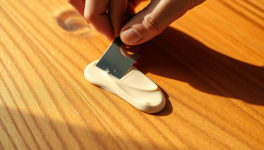 A well-lit, close-up view of a hand skillfully applying a smooth, creamy wood filler into the recessed grain of a warm, oak wooden surface. The filler glistens as it is carefully worked into the crevices with a flexible putty knife, creating an even, seamless finish. The background is softly blurred, allowing the application process to be the focal point. Warm, natural lighting casts gentle shadows, conveying a sense of precision and craftsmanship. The overall mood is one of thoughtful, meticulous attention to detail, reflecting the care and expertise required for successful wood filler application.