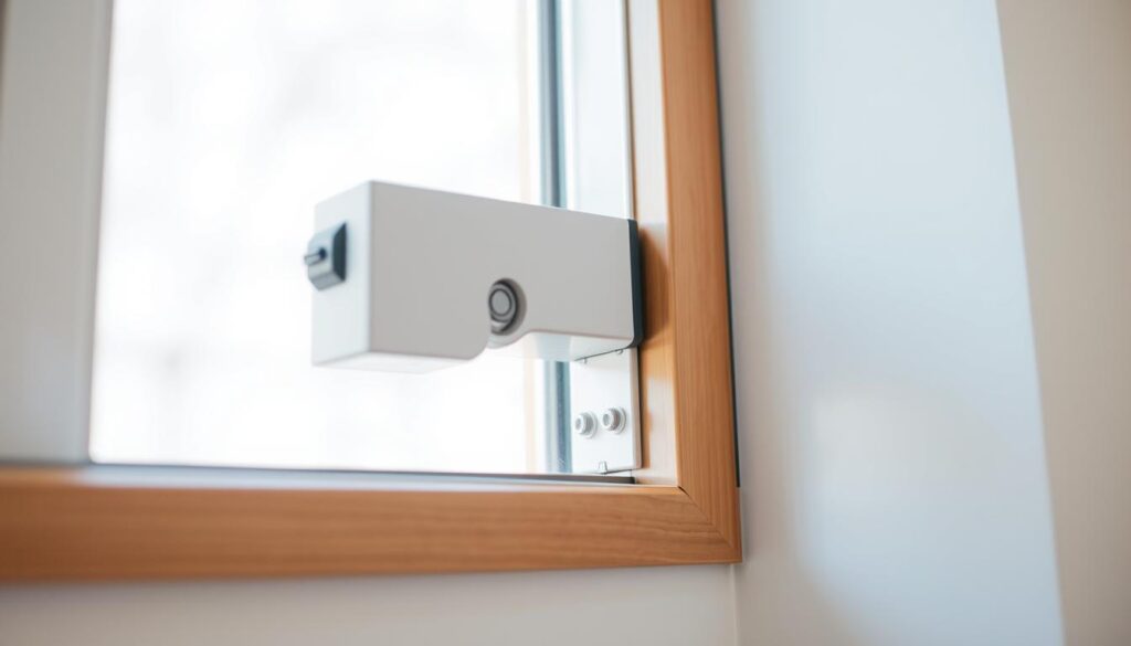 A well-lit, close-up view of a modern window with a visible window restrictor installed. The restrictor is a sturdy, metal device that securely limits the window's opening, ensuring enhanced safety for children and preventing accidental falls. The window frame is made of sleek, polished wood, providing a clean, minimalist aesthetic. Soft, natural lighting from the window casts a warm glow on the scene, highlighting the restrictor's practical design and the overall sense of security it offers. The composition focuses on the restrictor, showcasing its key safety features and how it seamlessly integrates with the window's architecture.