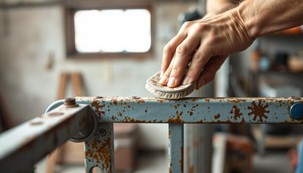 A well-lit, close-up view of a person's hands carefully sanding the surface of a rusty metal railing. The railing fills the middle ground, with a soft, blurred background that suggests an indoor workshop or garage setting. The hands are focused and precise, the sandpaper moving in smooth, controlled strokes to remove the flaking paint and oxidation. Subtle textures and details are clearly visible, conveying the tactile experience of preparing the metal for a fresh coat of paint. The scene has a sense of patient, methodical preparation, reflecting the care and attention required to properly restore weathered, rusty metal.