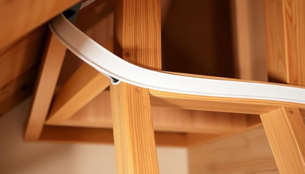 A well-lit, close-up view of a wooden attic pull-down staircase, with the focus on the weatherstripping installation. The weatherstripping appears as a sleek, flexible strip snugly fitted along the edges of the staircase frame, creating an airtight seal. The lighting casts subtle shadows, emphasizing the tight fit and attention to detail. The staircase is clean and uncluttered, allowing the weatherstripping to be the central element. The overall tone is one of precision and functionality, conveying the importance of an effective seal to prevent drafts and optimize energy efficiency.