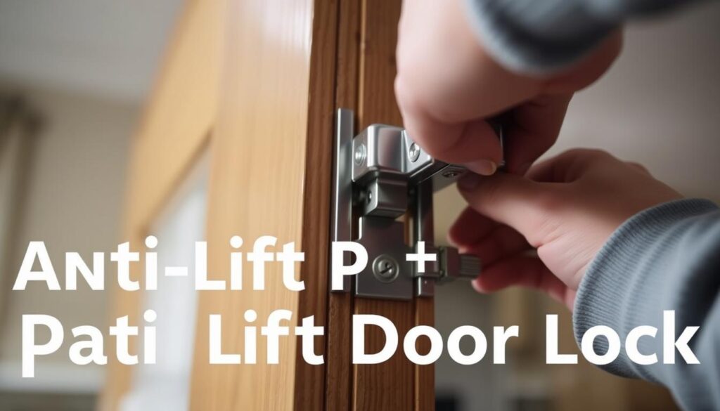 A well-lit, close-up view of an anti-lift patio door lock being installed on a wooden door frame. The lock mechanism is clearly visible, with its metallic components and locking mechanism in focus. The background is slightly blurred, suggesting a domestic interior setting. The lighting is soft and diffused, creating a calm, detailed atmosphere that emphasizes the technical aspects of the installation process. The angle is slightly elevated to provide a clear, unobstructed view of the lock's components and the installation steps.