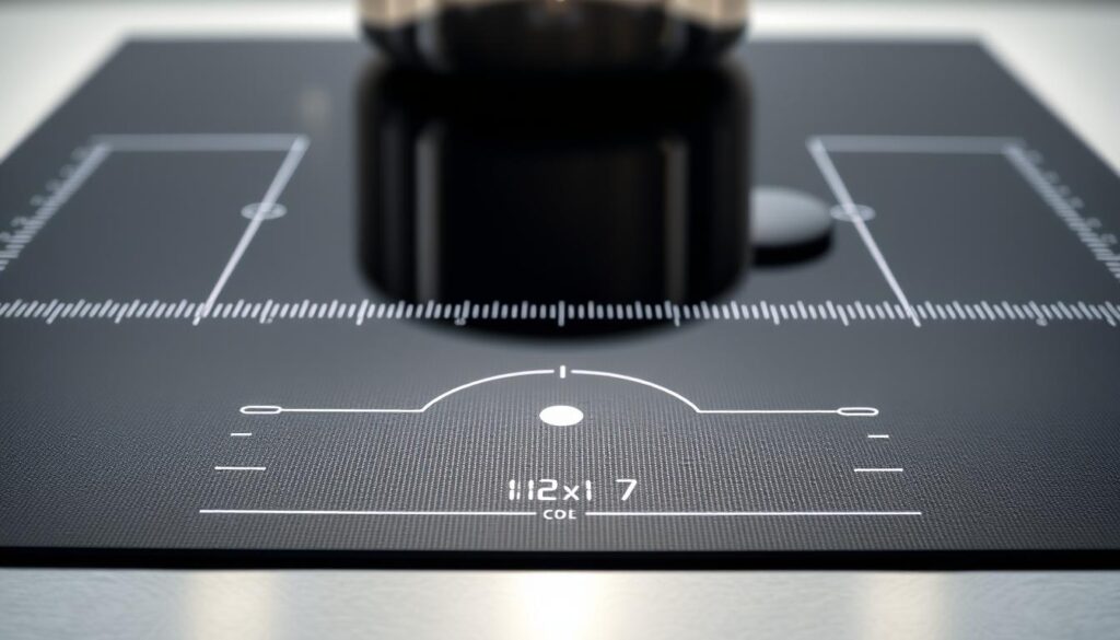 A well-lit, closeup view of an induction hob's cooking zone, showcasing the precise calibration process. The cooking zone surface appears sleek and modern, with a subtle grid pattern highlighting the heating elements. Delicate lines and digital readouts overlay the surface, indicating power levels and temperature settings. The scene conveys a sense of technological precision, with a neutral color palette and clean, minimalist design. Soft shadows and highlights create depth, drawing the viewer's attention to the calibration details. The overall atmosphere is one of controlled, professional-grade cooking.