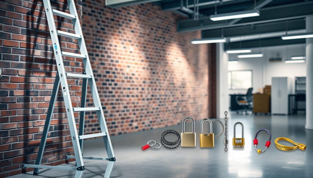 A well-lit commercial setting, a sturdy metal ladder stands prominently in the foreground, its rungs and frame conveying a sense of security and durability. The ladder is positioned against a brick wall, its industrial design complementing the utilitarian backdrop. In the middle ground, various safety accessories like locks, chains, and tamper-evident seals are neatly arranged, suggesting a comprehensive approach to ladder protection. The background features a clean, uncluttered office or warehouse environment, with soft, directional lighting casting subtle shadows and highlighting the ladder's robust construction. The overall atmosphere exudes a sense of professionalism and attention to detail, effectively communicating the concept of "Secure Ladder Against Theft: Best Practices for Business and Commercial Ladder Protection Strategies".