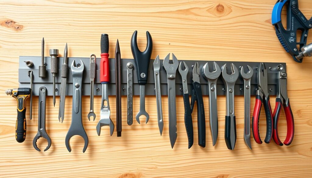 A well-lit, detailed close-up view of a modern magnetic tool holder strip made of sturdy metal, mounted on a wooden workshop wall. The holder has numerous strong, evenly spaced magnets that securely grip a variety of metallic tools, from screwdrivers and pliers to wrenches and utility knives. The tools are arranged neatly and efficiently, creating a tidy, organized workspace. The background is a plain, uncluttered wooden surface, allowing the magnetic strip and tools to be the central focus. The lighting is bright and natural, highlighting the sleek, functional design of the magnetic tool holder.