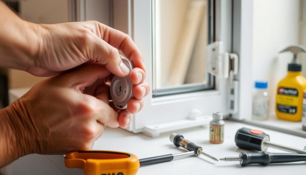 A well-lit, detailed close-up view of a person's hands carefully maintaining a window restrictor mechanism. The foreground focuses on the hands gently inspecting the device, with a range of tools like screwdrivers and lubricating oils visible nearby. The middle ground shows the restrictor mounted on the window frame, its inner workings and components exposed. The background depicts a clean, organized workspace with other home maintenance items in the periphery. The overall scene conveys a sense of diligence, attention to detail, and the importance of proper care for window safety devices.