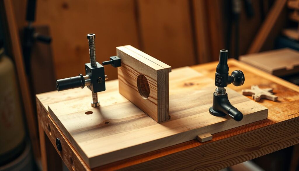 A well-lit, detailed close-up view of a pocket-hole jig setup on a wooden workbench. The jig is centered, with its various components such as the clamp, drill guide, and depth stop clearly visible. The workpiece is securely clamped in place, ready for drilling. The scene is bathed in warm, directional lighting that accentuates the textures of the wood and the metal parts. The background is slightly blurred, keeping the focus on the jig setup. The overall atmosphere conveys a sense of precision, functionality, and the diligent preparation necessary for quality woodworking.