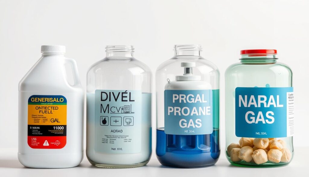A well-lit, detailed comparison of common generator fuel types, including gasoline, diesel, propane, and natural gas. The image showcases these fuels in glass containers or canisters, arranged in a visually appealing layout against a crisp, neutral background. The lighting accentuates the varying colors and textures of the fuels, creating a sense of technical precision. The overall composition suggests a thoughtful, informative exploration of the relative efficiency, availability, and environmental impact of these generator fuel options.