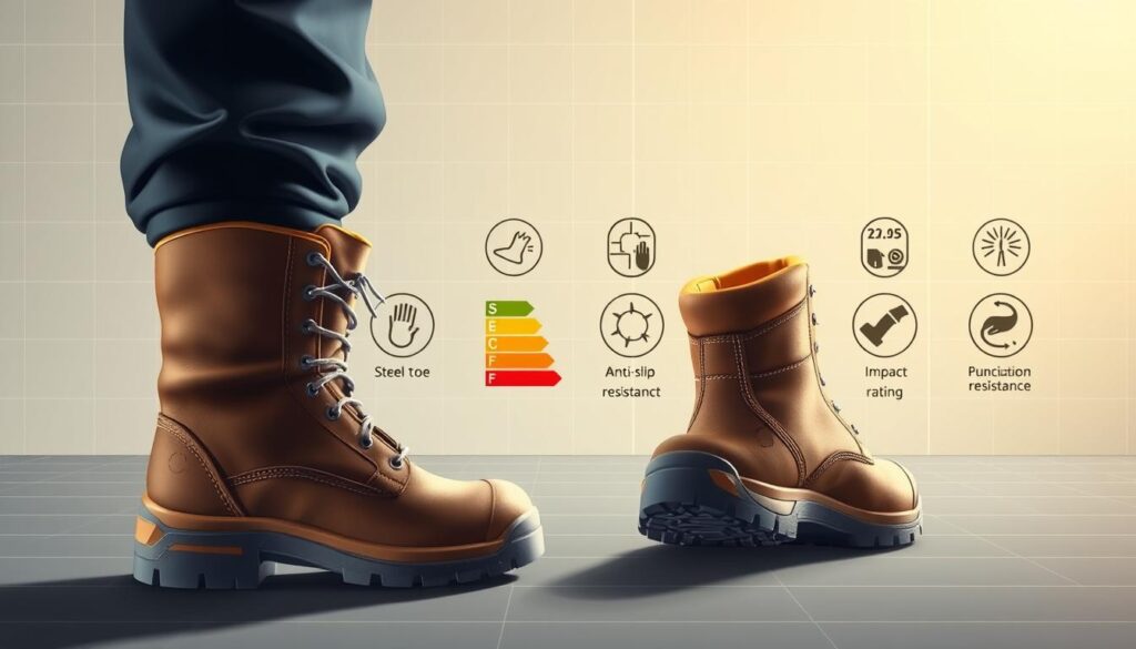 A well-lit, detailed illustration showcasing various safety boot ratings and standards. In the foreground, a pair of rugged, high-quality safety boots, their soles showcasing distinct tread patterns and impact-resistant features. In the middle ground, a series of icons and labels indicating different safety ratings, such as steel toe, anti-slip, and puncture resistance. The background features a clean, minimalist design with subtle grid lines, creating a sense of organization and professionalism. The overall mood is informative and visually engaging, allowing the viewer to clearly understand the key safety features and standards associated with high-quality safety footwear.