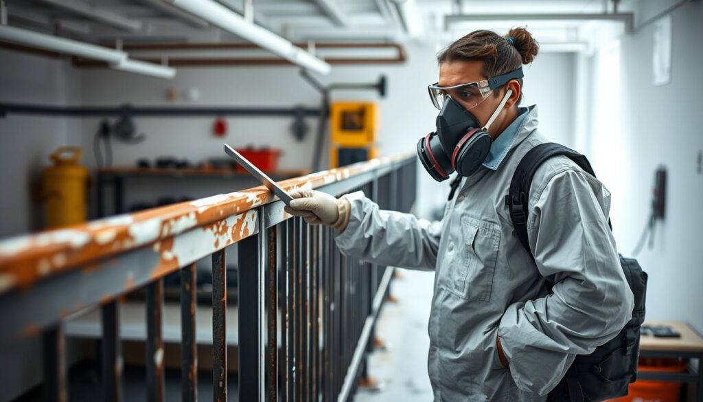 A well-lit, detailed scene of a person in protective gear, including a respirator mask, goggles, and disposable coveralls, carefully removing old lead-based paint from a metal railing using a scraper and a HEPA vacuum system. The subject stands in the foreground, with the railing stretching out behind them. The background is a clean, well-organized workspace, with safety equipment and tools neatly arranged. The overall mood is one of diligence and caution, conveying the importance of proper lead paint removal procedures for the safety of the worker and the surrounding environment.