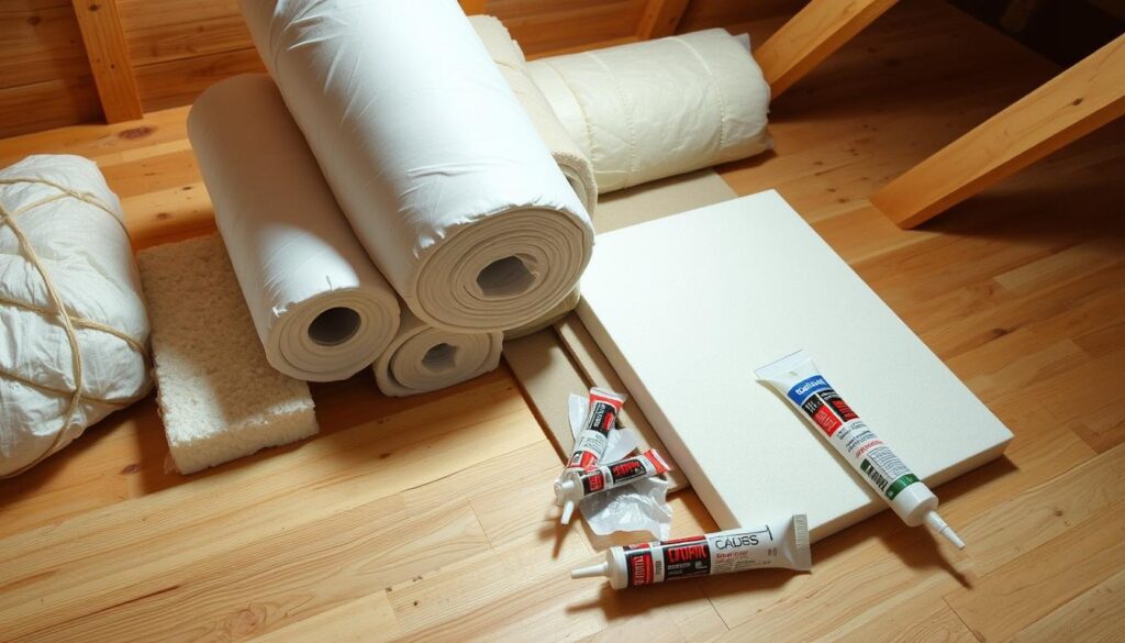 A well-lit, high-angle shot of an assortment of attic insulation materials, including fiberglass rolls, rigid foam boards, and caulking tubes, neatly arranged on a clean, wooden surface. The scene conveys a sense of organization and attention to detail, with the materials positioned to showcase their individual textures and properties. The lighting is soft and diffused, creating a warm, inviting atmosphere that emphasizes the importance of proper insulation for sealing attic pull-down-stairs drafts.