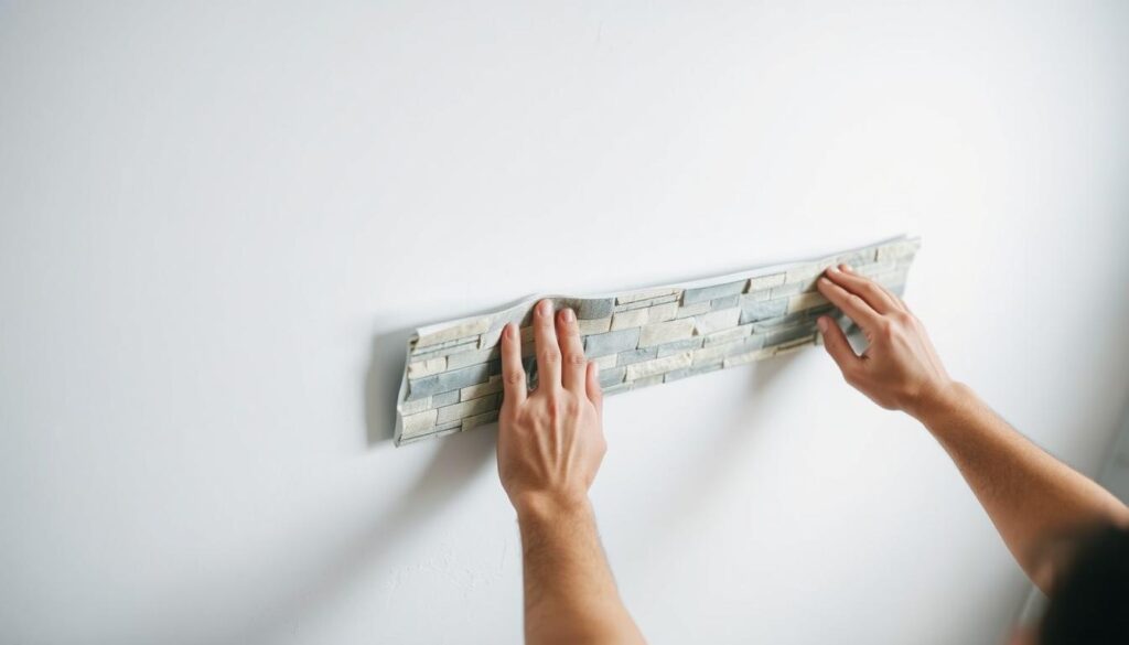 A well-lit, high-angle view of a person's hands carefully applying a textured, three-dimensional peel-and-stick wall panel to a clean, white drywall surface. The panel features a realistic stone or brick pattern, with subtle shadows and depth to create a sense of tactile depth. The background is blurred, placing the focal point on the detailed installation process, with a calm, focused atmosphere. The image should convey the step-by-step ease and precision of applying these modern, decorative wall panels to transform a room.