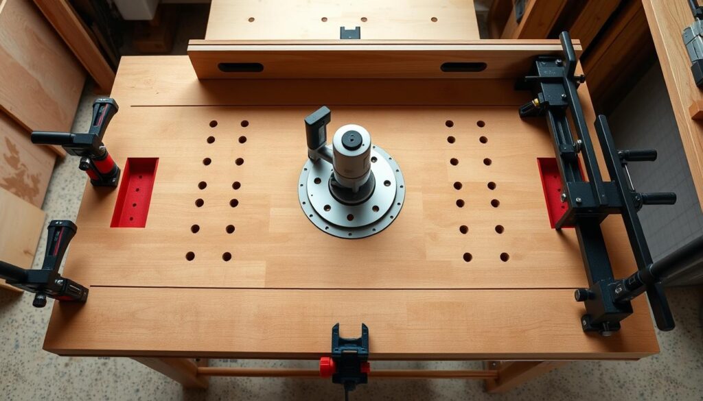 A well-lit, high-angle view of a woodworking workbench, its surface dominated by a meticulously arranged router table layout. The table features a central opening for a router lift, surrounded by a precisely measured grid of mounting holes and slots. Clamps, guides, and jigs are strategically positioned, creating a cohesive, functional workspace. The background is softly blurred, allowing the viewer to focus on the details of the router table setup, which conveys a sense of technical precision and careful planning. The overall composition suggests a workspace optimized for efficient and accurate router-based projects.