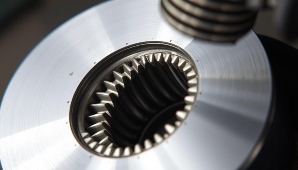 A well-lit, high-resolution close-up shot of a die cutting external threads on a metal workpiece. The die is shown in the foreground, with its sharp, precisely-machined teeth cutting into the surface of the workpiece. The middle ground features the workpiece, with the external threads being formed by the die's rotation. The background is blurred, placing the focus entirely on the die cutting process. The lighting is soft and diffused, creating an even illumination that highlights the intricate details of the die and the workpiece. The camera angle is slightly elevated, providing a clear view of the cutting action.