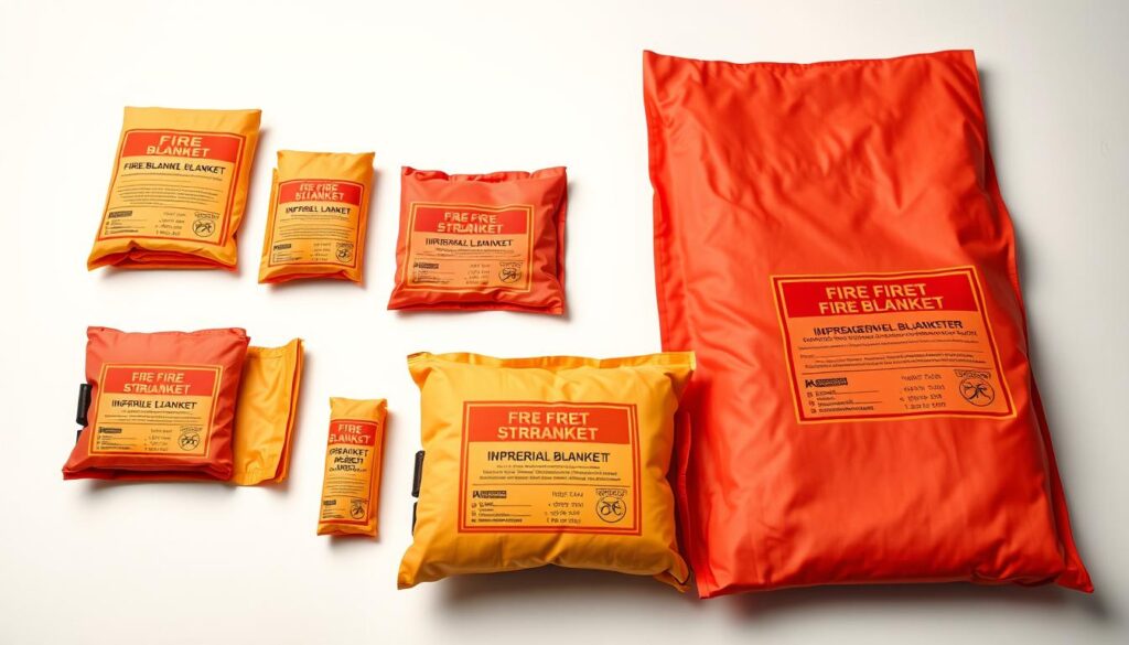 A well-lit, high-resolution image of various fire blanket sizes, arranged neatly on a clean, white background. The blankets are shown in a range of standard sizes, from small personal blankets to larger industrial-grade versions, showcasing their dimensions and proportions. The lighting is soft and even, highlighting the texture and material of the blankets. The camera angle is slightly elevated, providing a clear, detailed view of the products. The overall atmosphere is one of informative simplicity, with the focus solely on the fire blanket sizes and their key characteristics.