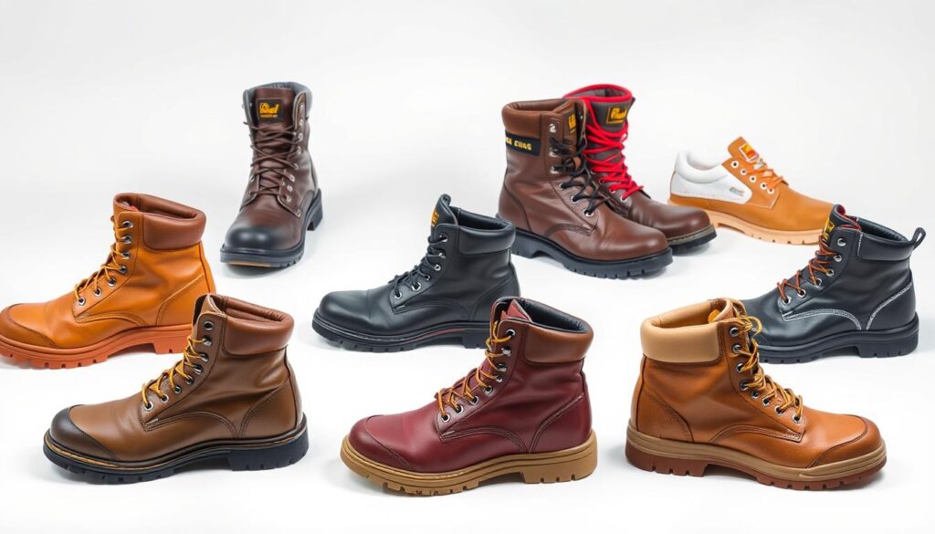 A well-lit, high-resolution image of various safety boots brands displayed on a clean, white background. The boots are arranged in the foreground, showcasing their distinct designs, materials, and logos. In the middle ground, additional details such as steel toe caps, ankle support, and tread patterns are prominently featured. The background subtly fades into a soft, uniform lighting, creating a professional, minimalist aesthetic. The image conveys a sense of quality, durability, and reliability, reflecting the reliable safety boot brands mentioned in the article.