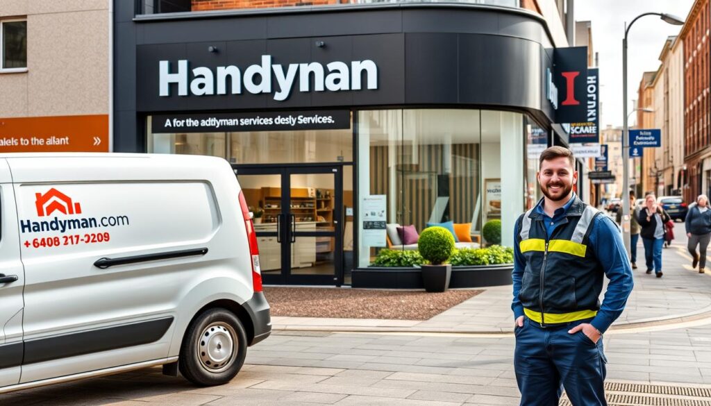 A well-lit, high-resolution photograph of a handyman service office in Belfast, Northern Ireland. The foreground features a friendly, approachable handyman in a clean uniform, standing beside a van with the company logo prominently displayed. The middle ground showcases the exterior of the handyman service's modern, well-maintained building, with a neatly landscaped yard and signage indicating the range of services offered. The background depicts the vibrant, bustling streets of Belfast, with pedestrians and other vehicles passing by, conveying a sense of an active, thriving community. The overall scene exudes a professional, trustworthy, and affordable atmosphere, reflecting the subject of finding affordable handyman rates in Belfast.