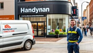 A well-lit, high-resolution photograph of a handyman service office in Belfast, Northern Ireland. The foreground features a friendly, approachable handyman in a clean uniform, standing beside a van with the company logo prominently displayed. The middle ground showcases the exterior of the handyman service's modern, well-maintained building, with a neatly landscaped yard and signage indicating the range of services offered. The background depicts the vibrant, bustling streets of Belfast, with pedestrians and other vehicles passing by, conveying a sense of an active, thriving community. The overall scene exudes a professional, trustworthy, and affordable atmosphere, reflecting the subject of finding affordable handyman rates in Belfast.