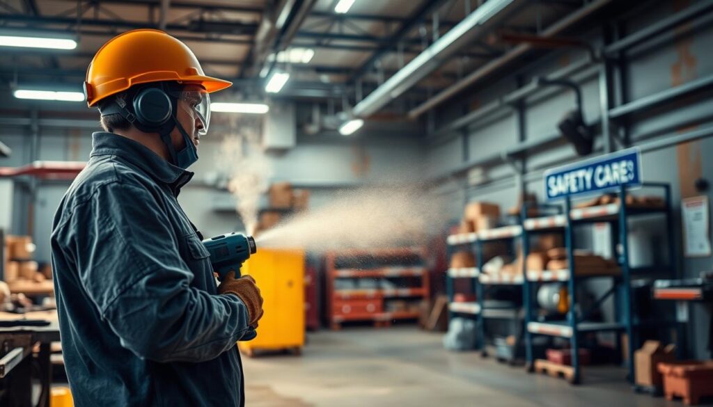 A well-lit, industrial workshop with an angle grinder operator standing in the foreground, wearing protective gear. In the middle ground, a focus on dust control mechanisms, such as a high-powered dust extraction system or a fine mist spray, actively managing the airborne particulates generated by the grinding task. The background features orderly storage racks, shelves, and signage emphasizing safety protocols. The lighting is a combination of bright, directional task lighting and softer, ambient illumination, creating a balanced, professional atmosphere. The overall composition conveys a sense of controlled, proactive environmental management to mitigate the risks associated with angle grinder usage.