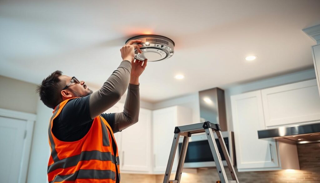 A well-lit kitchen interior, featuring a heat detector being installed on the ceiling. The detector is a sleek, modern design with a chrome finish, blending seamlessly with the kitchen's clean, minimalist aesthetic. The installer, wearing a safety vest and protective goggles, is carefully securing the detector to the ceiling using a ladder, with the necessary tools and wiring visible in the foreground. The kitchen's stainless steel appliances and pristine white cabinets create a sense of order and functionality, complementing the installation process. The lighting is warm and even, highlighting the attention to detail and precision required for this task. The overall scene conveys a professional, step-by-step installation of a heat detector in a contemporary kitchen setting.
