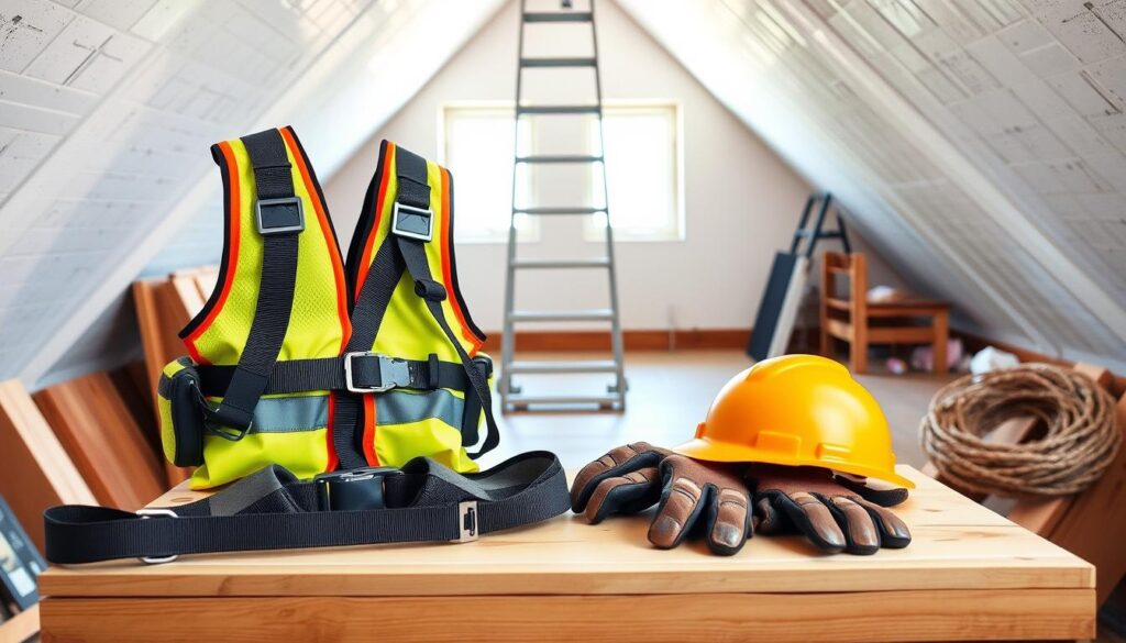 A well-lit loft space showcasing an array of safety equipment, including a sturdy harness, a high-visibility safety vest, a hard hat, and a pair of heavy-duty work gloves. The equipment is neatly arranged on a wooden workbench, with a ladder and a coil of rope in the background, suggesting the challenges and precautions required for loft flooring installation. The overall scene conveys a sense of preparation and attention to safety, setting the stage for the article's guidance on responsible loft flooring work.