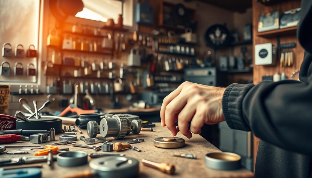 A well-lit, mid-angle shot of a professional locksmith at work in a cozy Swansea workshop. In the foreground, the locksmith's nimble hands carefully manipulate an intricate lock mechanism on a desktop workbench, surrounded by an assortment of specialized tools and lock parts. The middle ground features a wall display showcasing various lock types and security systems. In the background, warm-toned natural light filters through a window, casting a welcoming glow over the scene. The overall atmosphere conveys a sense of expertise, efficiency, and customer-centric service, reflecting the success stories highlighted in the article.