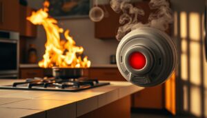 A well-lit, modern kitchen interior with a focused view on the stove and surrounding countertops. The stove is actively ablaze, with flames licking the sides and rising from the burners, conveying a sense of urgency and danger. Nearby, a smoke detector is prominently displayed, its red LED blinking rapidly, signaling an active fire alarm. The lighting is dramatic, with warm, golden tones illuminating the scene and casting long shadows across the tile floor and wooden cabinets. The overall mood is one of high-stakes kitchen safety, highlighting the importance of proper fire detection and prevention measures.