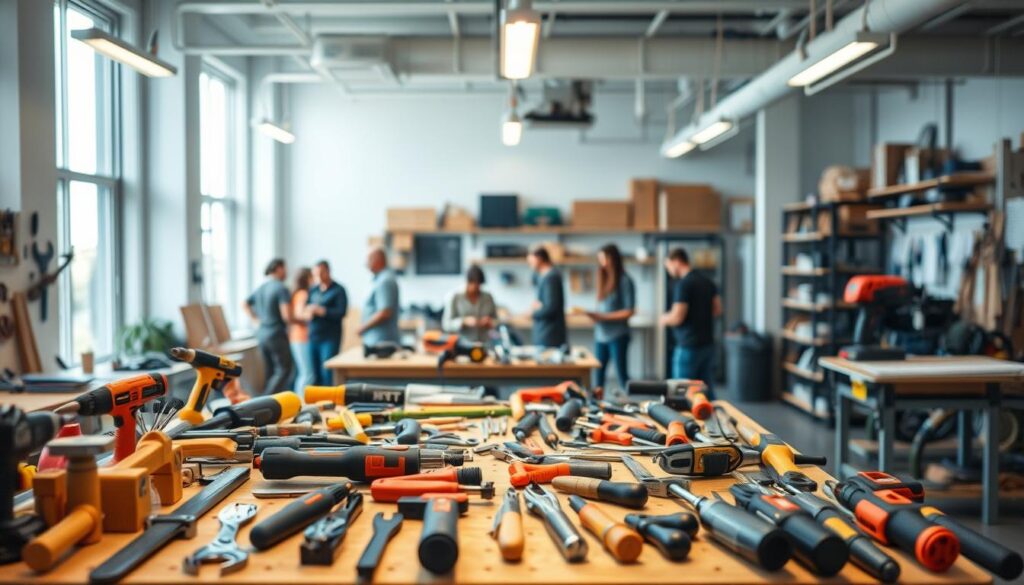 A well-lit, modern workshop interior showcasing the benefits of a tool library. In the foreground, a diverse range of hand tools and power tools neatly arranged on a workbench. In the middle ground, a group of people collaboratively working on DIY projects, sharing tools and ideas. The background features an open, airy space with large windows, allowing natural light to flood the room. The overall atmosphere conveys a sense of community, resourcefulness, and the joy of learning new skills through shared access to a comprehensive tool collection.