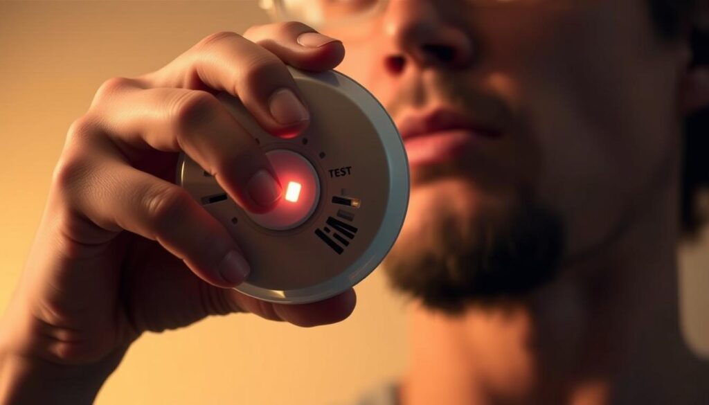 A well-lit scene of a person's hand holding a smoke alarm close to their face, intently observing the alarm's test button as it blinks. The alarm is depicted in crisp detail, its casing gleaming under soft, diffused lighting. The person's expression is focused, conveying the importance of thoroughly checking the alarm's functionality. The background is blurred, keeping the alarm and the person's hand in sharp focus, highlighting the task at hand. Warm, neutral tones create a calm, reassuring atmosphere, suitable for a how-to guide on home safety.