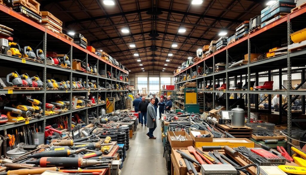 A well-lit, spacious tool auction warehouse, filled with a diverse array of tools and equipment neatly arranged on sturdy metal shelves. The foreground showcases a variety of power tools, hand tools, and hardware, their metallic surfaces gleaming under the warm, diffused lighting. In the middle ground, auctioneers and bidders mingle, examining the items with keen eyes. The background reveals high ceilings, exposed beams, and the faint silhouettes of additional merchandise, creating a sense of depth and anticipation for the upcoming auction.