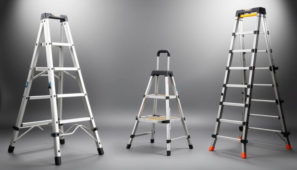A well-lit studio scene showcasing various multi-purpose ladder configurations. In the foreground, a sturdy aluminum ladder with adjustable legs, telescopic rungs, and multiple locking positions. In the middle ground, a compact folding ladder that can transform into a step stool or a work platform. In the background, a heavy-duty industrial-grade ladder with reinforced stabilizers and safety rails. The ladders are positioned at different angles to highlight their versatility and adaptability for diverse household and commercial applications. The scene is illuminated by soft, even lighting to capture the intricate details and textures of the ladders' construction.