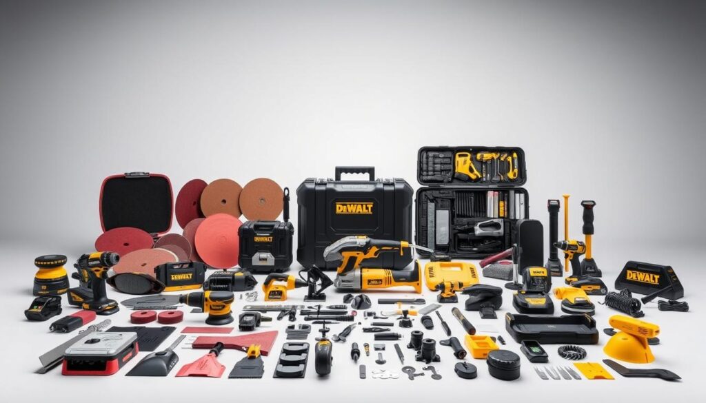 A well-lit studio setting showcasing the DeWalt XR oscillating tool kit options. In the foreground, the main oscillating tool unit sits prominently, its sleek black and yellow design exuding power and precision. Surrounding it, a neatly arranged array of attachments and accessories - sanding pads, cutting blades, scraper heads, and more - allowing the user to tackle a wide range of DIY and home improvement tasks. In the middle ground, the kit's carrying case is open, revealing the thoughtful organization and storage solutions. The background features a clean, neutral backdrop, allowing the tools to be the true focus of the image. Crisp, high-resolution photography captures every intricate detail, inviting the viewer to appreciate the comprehensive versatility of the DeWalt XR oscillating tool system.