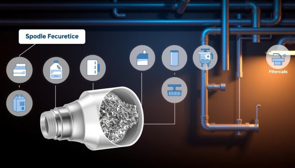 A well-lit, technically accurate diagram showcasing various scale prevention methods. In the foreground, a cutaway view of an inline scale reducer cartridge, its inner workings and materials clearly visible. In the middle ground, illustrations of other scale control techniques like water softeners, antiscale chemicals, and filtration systems. The background depicts a complex plumbing system, pipes and valves traversing the scene, conveying the broader context of scale management. The overall mood is educational, informative, and visually engaging, designed to elucidate the different strategies for mitigating scale buildup.