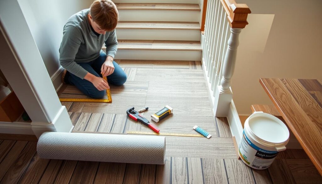 A well-lit, wide-angle view of a staircase installation process. The foreground shows a person kneeling on the stairs, carefully measuring and marking the treads with a ruler and pencil. The middle ground features an assortment of tools and materials, including a roll of self-adhesive stair treads, a utility knife, and a tub of adhesive. The background showcases the staircase itself, with clean, freshly painted risers and a sturdy wooden handrail. The overall scene conveys a sense of focused attention, precision, and preparation for a successful stair tread installation.