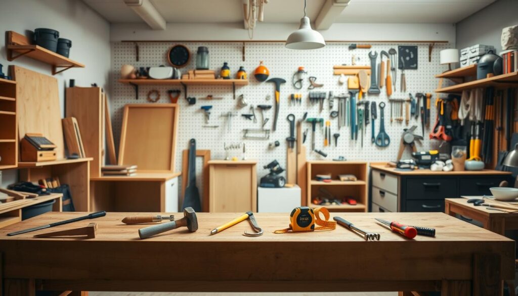 A well-lit workshop interior, showcasing an assortment of common handyman projects in Belfast. In the foreground, a carpenter's workbench displays an array of tools, including a hammer, screwdrivers, and a tape measure. In the middle ground, partially assembled furniture pieces and DIY home repair items are visible, such as a shelf, a faucet, and a light fixture. The background features a wall adorned with pegboard storage, housing a variety of additional tools and materials. The scene conveys a sense of organized productivity, with warm, natural lighting and a cozy, inviting atmosphere.