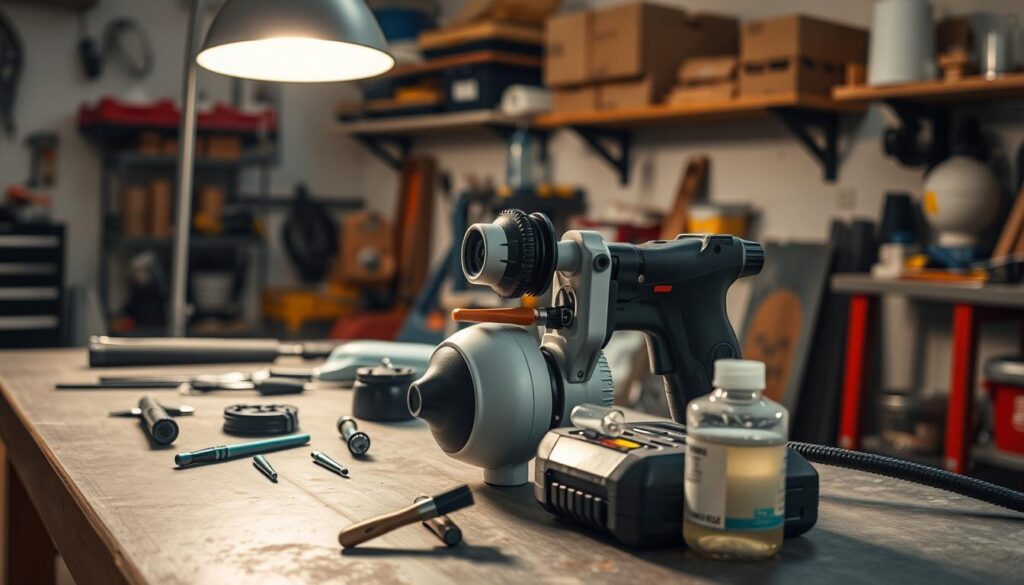 A well-lit workshop interior, with a cordless paint sprayer disassembled on a workbench. The sprayer's components are neatly arranged, ready for inspection and cleaning. A bright lamp illuminates the scene, casting a warm glow on the tools and materials needed for proper maintenance. In the foreground, a cleaning brush and a small container of solvent sit beside the disassembled parts, hinting at the care and attention required to keep the sprayer in top condition. The background features shelves stocked with additional tools and supplies, conveying a sense of a professional, well-equipped workspace dedicated to the task at hand.