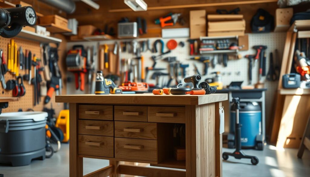 A well-lit workshop interior with a sturdy, wooden flip-top tool stand in the foreground. The stand features multiple storage compartments and a spacious work surface on top. In the middle ground, various hand tools and power tools are neatly arranged, suggesting a methodical workspace. The background showcases an organized tool rack, pegboard, and shelves, creating a sense of order and functionality. The lighting is bright and natural, with soft shadows accentuating the details of the stand. The overall atmosphere conveys a sense of focus, efficiency, and readiness for a hands-on project.