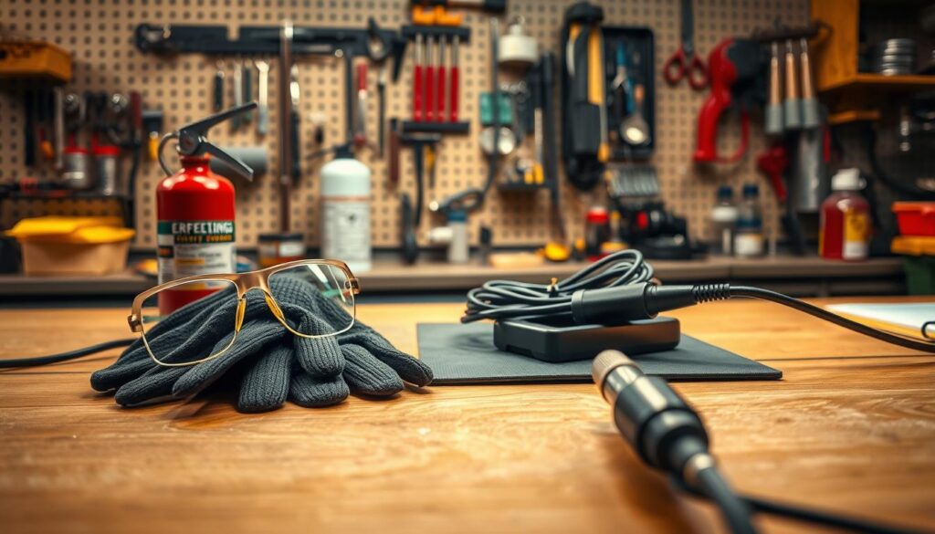 A well-lit workshop scene showcasing essential soldering safety precautions. In the foreground, a pair of protective gloves, safety glasses, and a fire extinguisher are neatly arranged on a workbench. In the middle ground, a soldering iron rests on a heat-resistant mat, its cord coiled neatly. The background features a pegboard with various tools and supplies, casting a warm glow from the overhead lighting. The overall atmosphere conveys a sense of preparedness and attention to detail, emphasizing the importance of safety when working with hot soldering equipment.