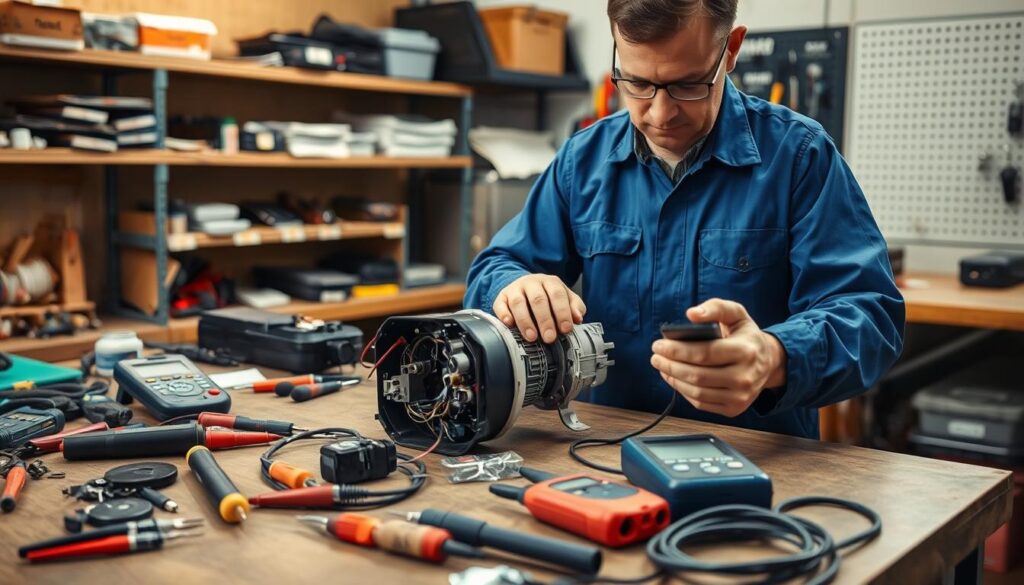 A well-lit workshop scene with a hands-on technician in a blue uniform carefully examining and testing a wire doorbell transformer on a workbench. The transformer is disassembled, revealing its inner components. An assortment of tools, voltmeters, and other diagnostic equipment are neatly arranged nearby. The background features shelves stocked with spare parts and a wall-mounted toolboard. Soft shadows and warm lighting create a professional, problem-solving atmosphere as the technician analyzes the transformer's function and identifies any potential issues.