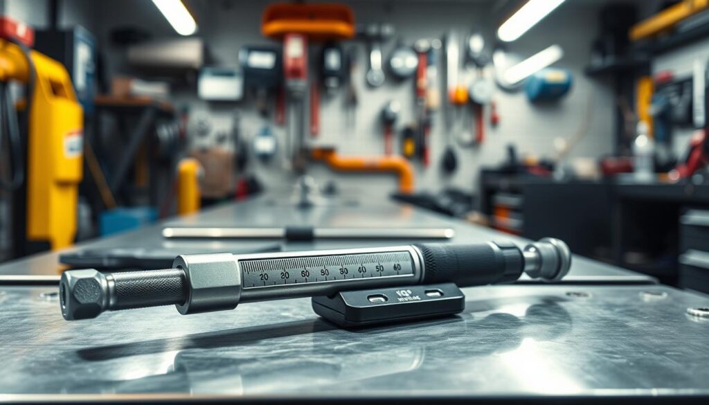 A well-lit workshop setting, with a torque wrench placed prominently on a clean, metal workbench. The wrench is in focus, its calibration scale clearly visible, illuminated by a soft, directional light source that casts subtle shadows, emphasizing its precision engineering. In the background, blurred out but still visible, various other tools and equipment suggest a professional, organized workspace dedicated to maintenance and calibration. The overall atmosphere is one of attention to detail, quality, and the importance of properly caring for critical tools.
