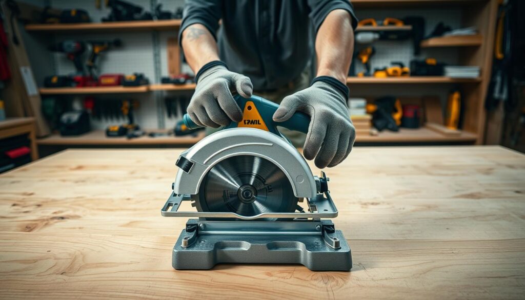 A well-lit workshop setting with a wooden workbench in the foreground, showcasing a mini circular saw with its blade exposed, placed on a safety chute. In the middle ground, a person's hands are shown wearing protective gloves, demonstrating proper hand positioning and guiding the saw along the chute. The background features shelves with various power tools and workshop accessories, creating a professional, organized atmosphere. The lighting is soft and diffused, casting subtle shadows that highlight the saw's mechanics and the worker's movements. The overall scene conveys a sense of safety, expertise, and attention to detail when using a mini circular saw for DIY projects.