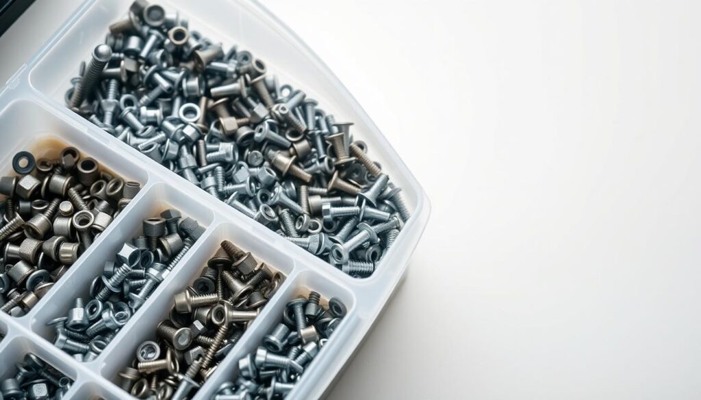 A well-organized parts bin, its compartments meticulously arranged against a clean, minimalist backdrop. Soft, diffused lighting illuminates the various hardware components - nuts, bolts, washers, and screws - neatly sorted and displayed. The bins are made of durable, translucent plastic, allowing easy visibility of the contents. The overall composition exudes a sense of order and efficiency, with a focus on the practical organization of the parts system. The image conveys the importance of maintaining a tidy, accessible parts bin for long-term reliability and functionality.