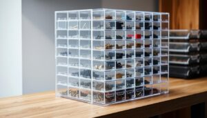 A well-organized parts-bin organiser made of sleek, transparent acrylic panels, arranged in a modular grid system. The bins are separated into compartments of various sizes, allowing for efficient storage and easy access to small components, screws, and hardware. The organiser sits on a sturdy, wooden desktop, bathed in soft, directional lighting that highlights the clarity of the materials and the orderly arrangement of the parts. The overall design exudes a sense of efficiency, functionality, and minimalist aesthetic, perfectly suited for a workspace or a hobbyist's workbench.