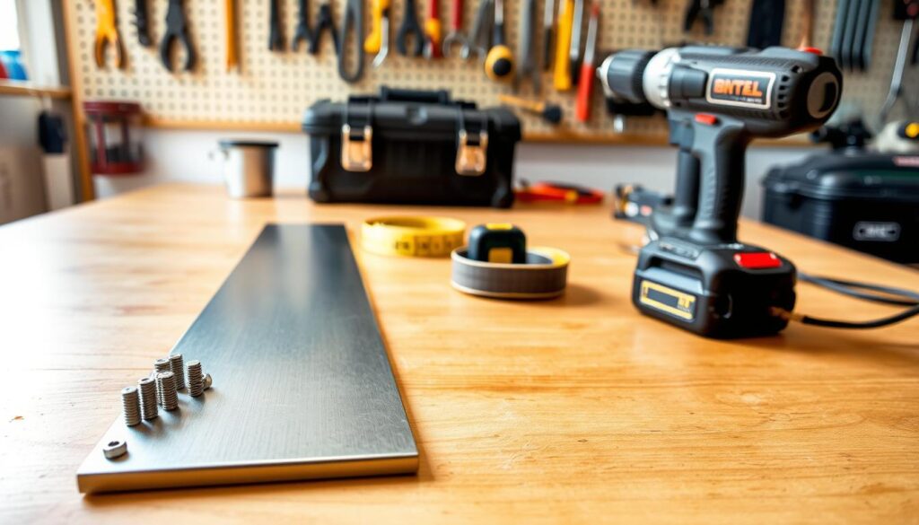 A well-organized set of materials for a DIY magnetic tool-holder strip, meticulously arranged on a clean, wooden workbench. In the foreground, a sturdy metal strip, industrial-grade magnets, and screws gleam under the soft, natural lighting. In the middle ground, a toolbox, a roll of measuring tape, and a power drill stand ready, complementing the tools. The background features a pegboard, hanging hand tools, and a utilitarian workshop atmosphere, conveying a sense of functionality and DIY spirit.