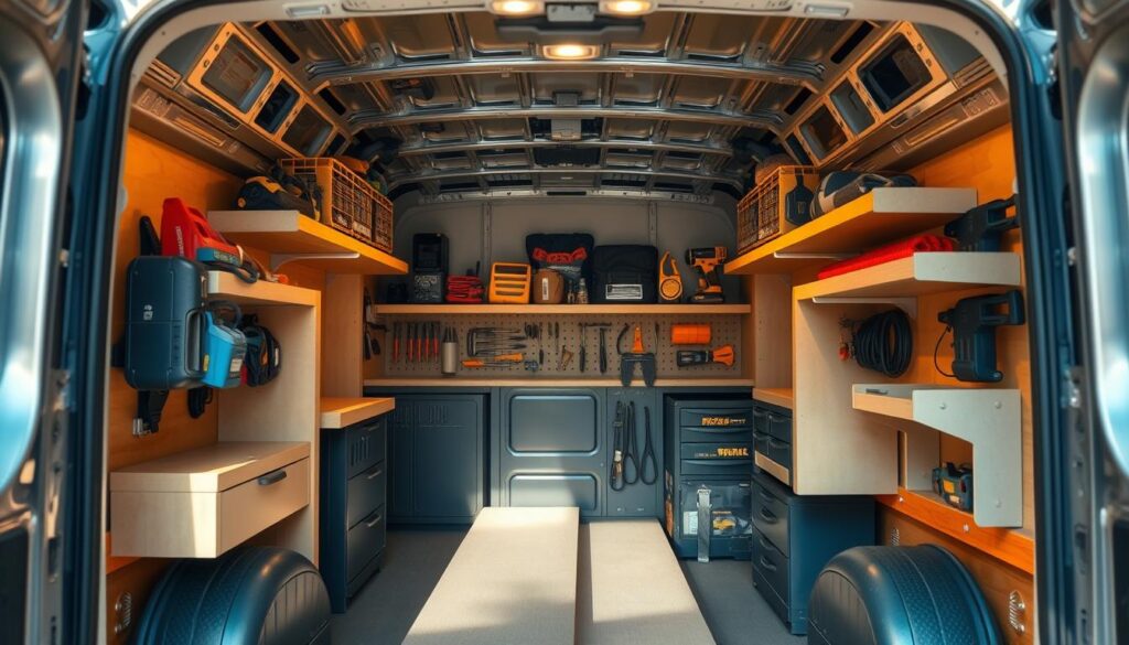 A well-organized van storage layout with various compartments and shelves, showcasing an efficient system for tool organization. The scene is captured from an overhead perspective, allowing a clear view of the van's interior. Warm, natural lighting illuminates the space, highlighting the carefully curated arrangement of tools, equipment, and storage solutions. The layout reflects a practical, user-friendly design that maximizes space utilization and streamlines the access to essential items, catering to the needs of a professional tradesperson.