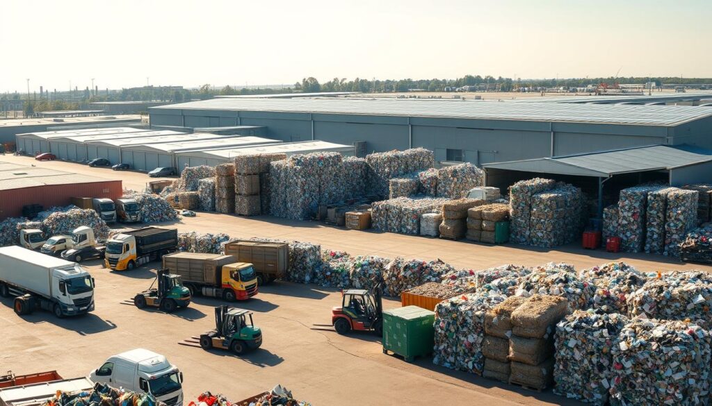 A well-organized waste recycling site situated in an industrial area of Hull, England. In the foreground, a fleet of heavy-duty trucks and forklifts efficiently sorting and compacting various recyclable materials - from plastic and metal to paper and cardboard. In the middle ground, towering piles of neatly stacked bales and containers, each designated for a specific waste stream. The background features a series of large warehouses and sheds, their roofs adorned with solar panels, hinting at the site's commitment to sustainability. Bright, diffused natural lighting illuminates the scene, casting long shadows and creating a sense of order and productivity. The overall atmosphere conveys a well-regulated, environmentally-conscious waste management operation.