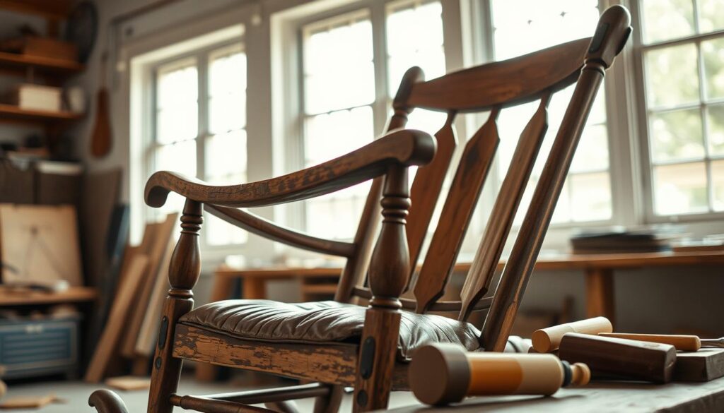 A well-worn rocking chair sits in a bright, airy workshop. Soft, natural light filters through large windows, illuminating the antique wood frame and worn leather cushions. The chair's runners are lifted, exposing the damaged areas that need repair. A selection of woodworking tools - chisels, sandpaper, glue - are arranged neatly on a workbench, ready to be used. The camera angle captures the chair at a slight angle, highlighting the intricate details of its construction and the care required to restore it. A sense of focus and determination pervades the scene, as the owner prepares to carefully reglue the runners and bring this cherished heirloom back to life.