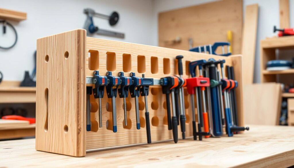A wooden clamp storage rack, meticulously crafted with various compartments to neatly organize an assortment of clamps. The foreground showcases a close-up view of the rack, highlighting the intricate joinery and the precision-cut slots designed to securely hold different clamp types - from small C-clamps to larger bar clamps. The middle ground reveals the full breadth of the storage system, with a variety of clamps neatly arranged and accessible. The background suggests a well-lit, organized workshop environment, with clean, neutral tones that allow the clamp storage to be the focal point. The overall scene conveys a sense of efficiency, practicality, and a dedication to maximizing available workspace.