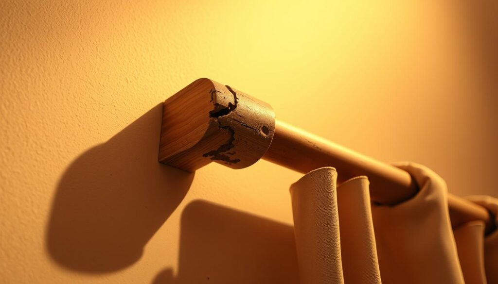 A wooden curtain pole bracket, partially detached from the wall, with visible cracks, chips, and scratches. The bracket is set against a neutral-toned interior wall, bathed in warm, directional lighting that casts soft shadows, emphasizing the texture and damage. The focus is sharp on the damaged bracket, with a slightly blurred background to draw the eye. The overall composition conveys a sense of disrepair and the need for replacement, aligning with the article's subject and section title.